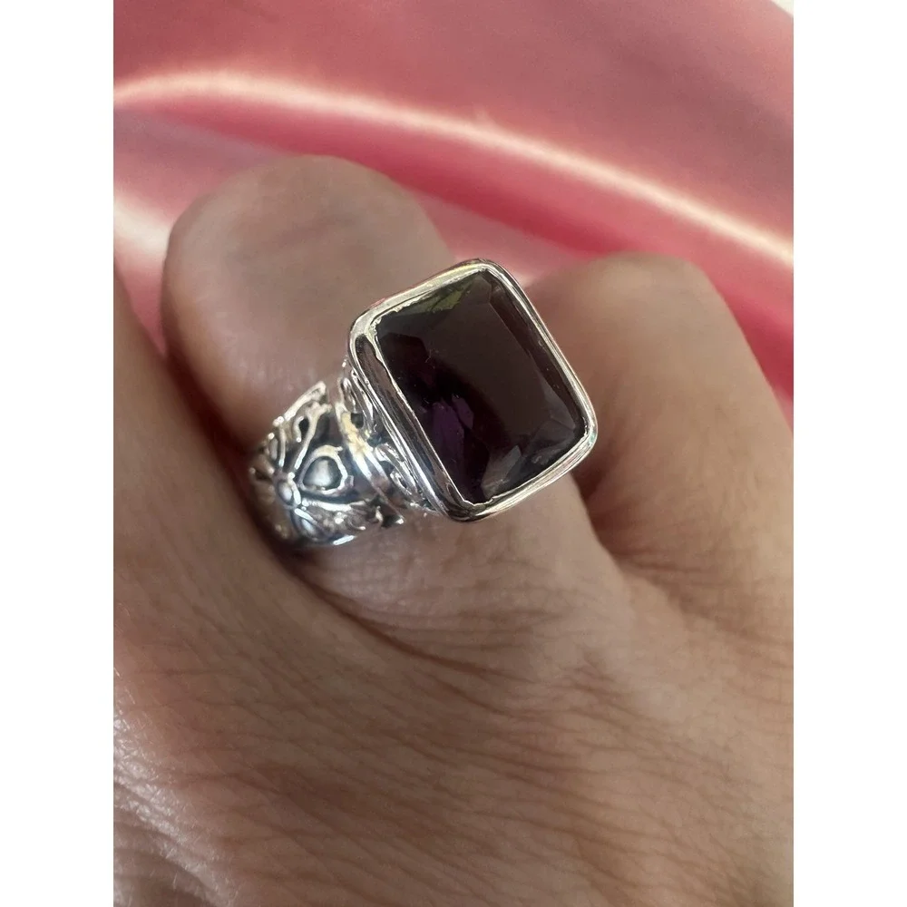 VTG 925 Sterling Silver Amethyst Ring Womens‎ Cushion Bezel Filigree Bali Style